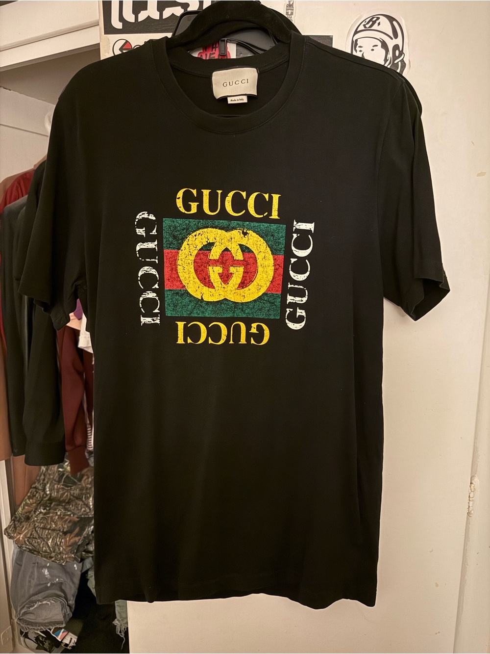 Gucci Black Tee with Yellow, Green and Red Logo